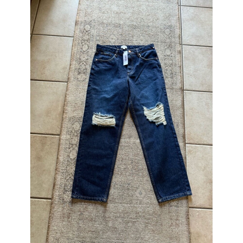 High-Rise Distressed Jeans — Dark Blue High-Waist Fit
